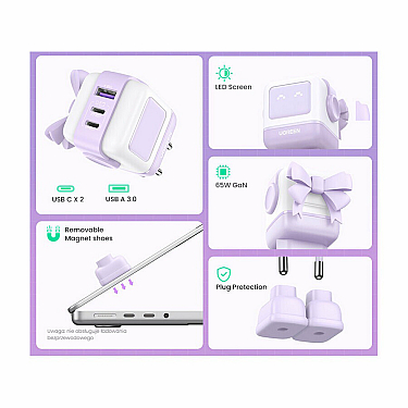 Enerji toplama cihazı UGREEN Uno RG 65W 3-Port GaN Fast Charger EU